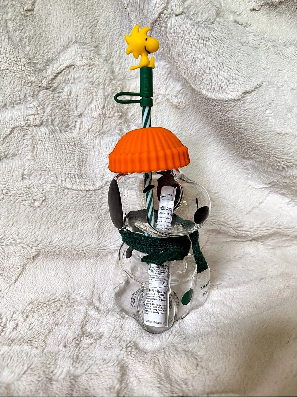 Starbucks + Peanuts Snoopy Glass Cup Cold with Orange Lid NWT